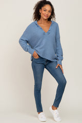 Blue Fringe Trim Rib Knit Hoodie