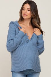 Blue Fringe Trim Rib Knit Maternity Hoodie