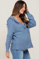 Blue Fringe Trim Rib Knit Maternity Hoodie