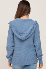 Blue Fringe Trim Rib Knit Maternity Hoodie