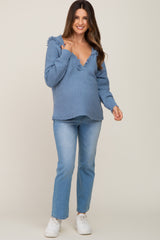 Blue Fringe Trim Rib Knit Maternity Hoodie