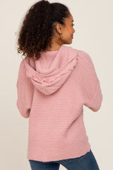 Pink Fringe Trim Rib Knit Hoodie