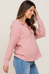 Pink Fringe Trim Rib Knit Maternity Hoodie