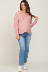 Pink Fringe Trim Rib Knit Maternity Hoodie