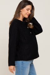 Black Open Knit Button Front Maternity Sweater