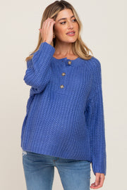 Blue Open Knit Button Front Maternity Sweater