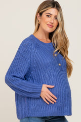 Blue Open Knit Button Front Maternity Sweater