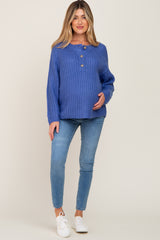 Blue Open Knit Button Front Maternity Sweater