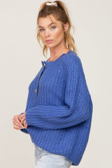 Blue Open Knit Button Front Sweater