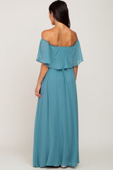 Aqua Chiffon Off Shoulder Maxi Dress