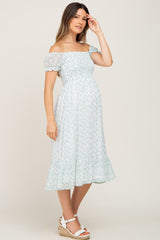 White Floral Chiffon Smocked Square Neck Maternity Midi Dress