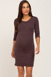 Brown Ribbed 3/4 Sleeve Maternity Dress