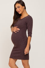 Brown Ribbed 3/4 Sleeve Maternity Dress