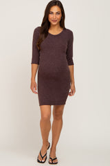 Brown Ribbed 3/4 Sleeve Maternity Dress