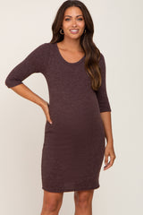 Brown Ribbed 3/4 Sleeve Maternity Dress