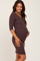 Brown Ribbed 3/4 Sleeve Maternity Dress