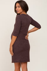 Brown Ribbed 3/4 Sleeve Maternity Dress