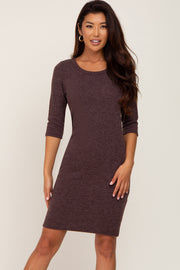 Brown Ribbed 3/4 Sleeve Dress