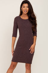 Brown Ribbed 3/4 Sleeve Maternity Dress