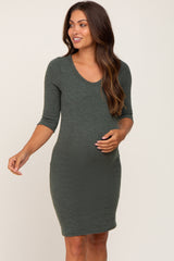 Olive Ribbed 3/4 Sleeve Maternity Dress