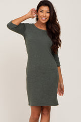 Olive Ribbed 3/4 Sleeve Dress