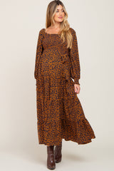 Navy Animal Print Tiered Long Sleeve Maternity Maxi Dress