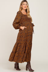 Navy Animal Print Tiered Long Sleeve Maternity Maxi Dress