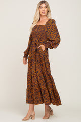 Navy Animal Print Tiered Long Sleeve Maxi Dress