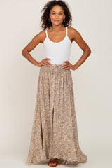 Beige Printed Button Front Hi-Lo Maternity Maxi Skirt