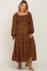 Navy Animal Print Tiered Long Sleeve Maternity Plus Size Maxi Dress