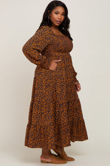 Navy Animal Print Tiered Long Sleeve Plus Size Maxi Dress