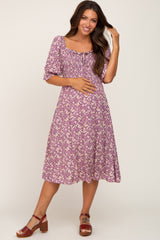 Mauve Floral Smocked Front Tie Maternity Midi Dress