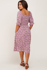 Mauve Floral Smocked Front Tie Maternity Midi Dress