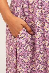 Mauve Floral Smocked Front Tie Maternity Midi Dress