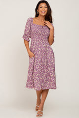 Mauve Floral Smocked Front Tie Maternity Midi Dress