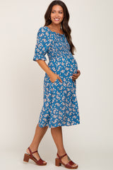 Blue Floral Smocked Front Tie Maternity Midi Dress