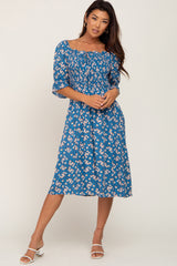 Blue Floral Smocked Front Tie Maternity Midi Dress