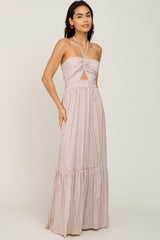 Ivory Striped Halter Cutout Maternity Maxi Dress