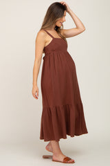 Brown Back Tie Sleeveless Maternity Mid Dress