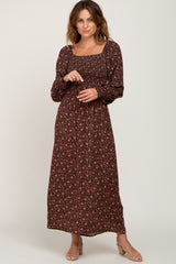 Brown Floral Smocked Square Neck Long Sleeve Midi Dress