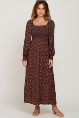 Brown Floral Smocked Square Neck Long Sleeve Midi Dress