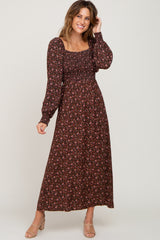 Brown Floral Smocked Square Neck Long Sleeve Midi Dress