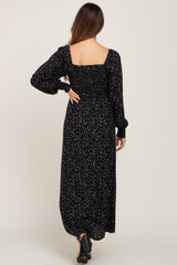 Black Ditsy Floral Smocked Square Neck Long Sleeve Maternity Midi Dress