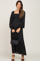 Black Ditsy Floral Smocked Square Neck Long Sleeve Maternity Midi Dress