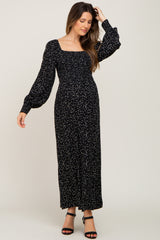 Black Ditsy Floral Smocked Square Neck Long Sleeve Maternity Midi Dress