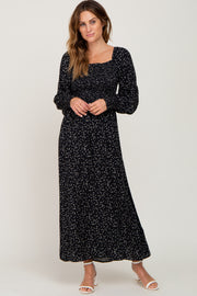 Black Ditsy Floral Smocked Square Neck Long Sleeve Midi Dress