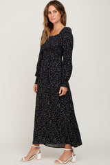 Black Ditsy Floral Smocked Square Neck Long Sleeve Midi Dress