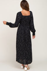 Black Ditsy Floral Smocked Square Neck Long Sleeve Midi Dress