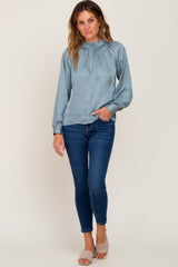 Light Blue Satin Maternity Long Sleeve Blouse