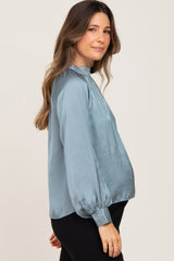 Light Blue Satin Maternity Long Sleeve Blouse